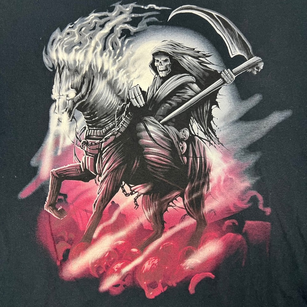 Y2K Grim Reaper Metal T Shirt Mens XL Black Flaming Horse Gothic Graphic Tee